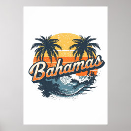 Bahamas Retro Sunset Palm Trees Design Poster