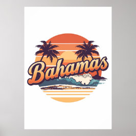 Bahamas Retro Sunset Palm Trees Design Poster