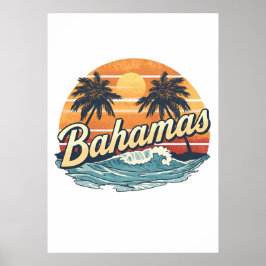 Bahamas Retro Sunset Palm Trees Design Poster