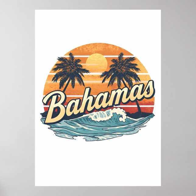Bahamas Retro Sunset Palm Trees Design Poster (Framsidan)