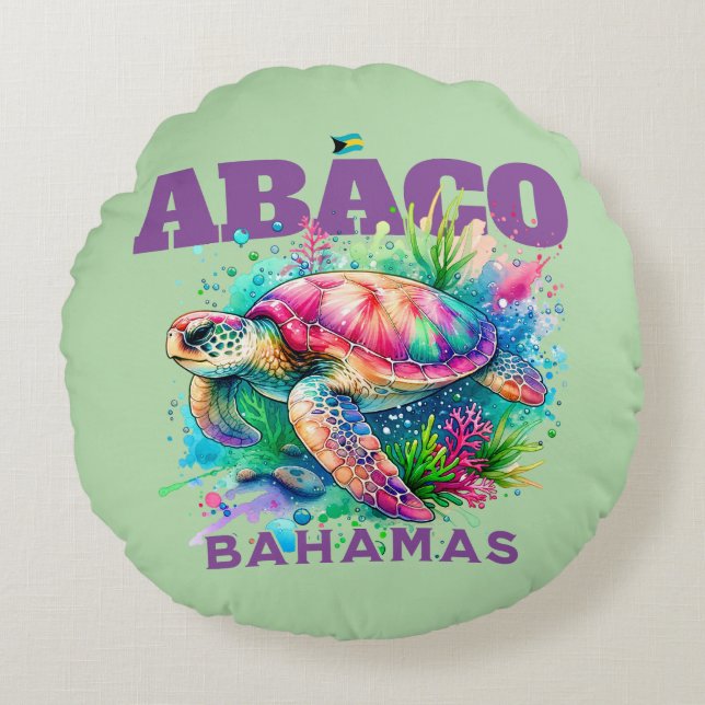 Bahamas Souvenir Gift: Abaco Bahamas Sea Turtle Rund Kudde (Framsidan)
