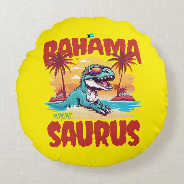 Bahamas Souvenir Gift: Bimini Bahama Saurus T-Rex Rund Kudde (Framsidan)