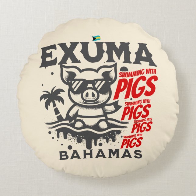 Bahamas Souvenir Gift: Exuma Bahamas Swimming Gris Rund Kudde (Framsidan)