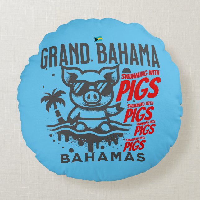 Bahamas Souvenir Gift: Grand Bahama Swimming Grisa Rund Kudde (Framsidan)