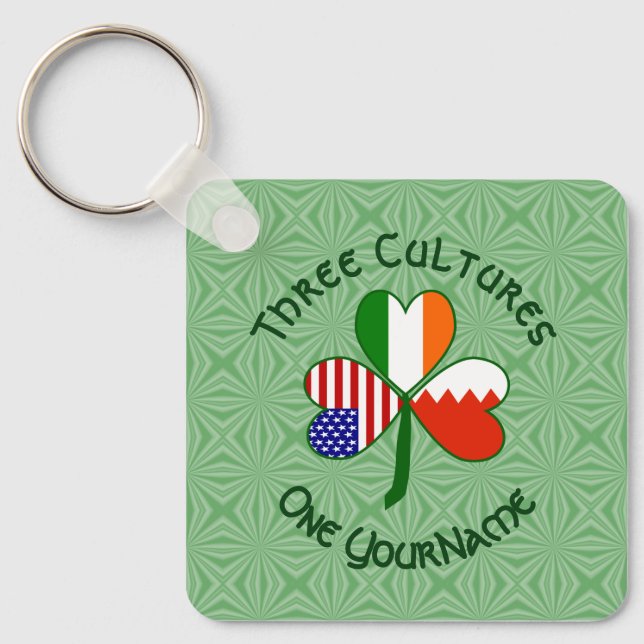 Bahraini Irish American Flaggor Shamrock Ditt namn Nyckelring (Framsida)