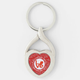 Bahrainsk flagghjärta KÄRLEK Röd Personlig text  Twisted Heart Silverfärgad Nyckelring