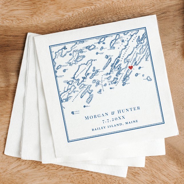 Bailey Island Maine Casco Bay Karta flottan Bröllo Pappersservett (Bailey Island Maine Map Napkins for an elegant navy blue Casco Bay Wedding by Coastal Map Designs)