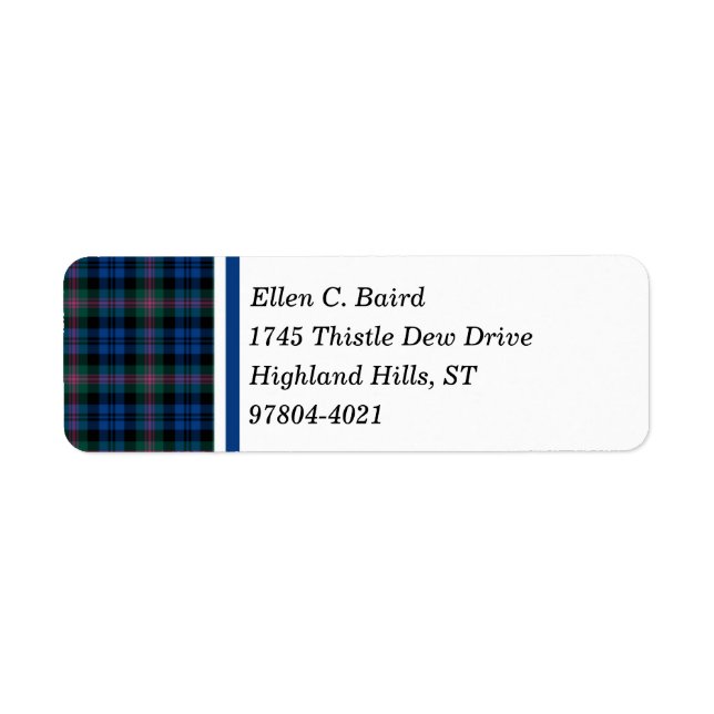 Baird Klan Blue och Grönt Scottish Tartan Returadress Etikett (Framsidan)