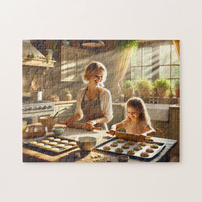 Baka mamma och dotter mysiga köket pussel (Horisontell)