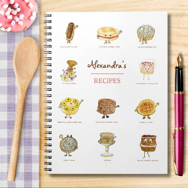 Baka Recept Söt Tårta Tecknad Konst lägg till Namn Anteckningsbok (Baking recipe custom notebook with cute cake and dessert watercolor cartoon illustrations )