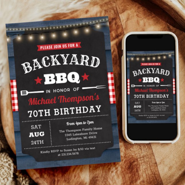 Bakbänkbänk 70:e födelsedagsinbjudan inbjudningar (Backyard Barbecue 70th Birthday Invitation)