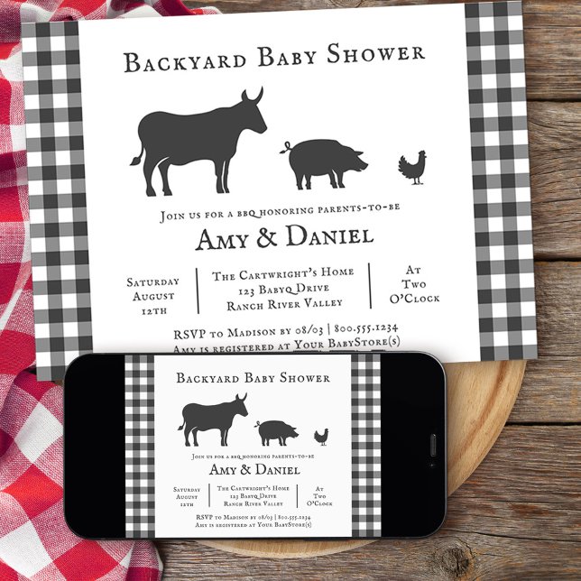 Bakbords-, babystölder Rustic Grått-inlagd inbjuda Inbjudningar (Backyard BBQ neutral baby shower invitation from my rustic farmhouse BBQ collection
)