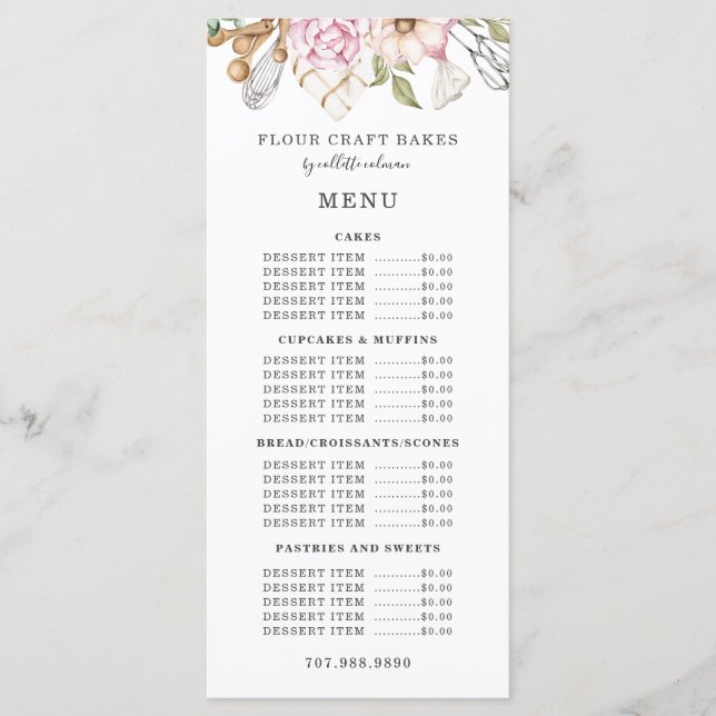 Baker Bakery Watercolor Bakers Verktyg Utensils Meny (Framsida)