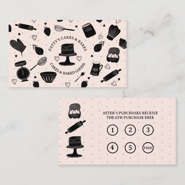 Baker Baking Utensils Rosa Black Loyalty Cards Visitkort (Fram/baksida)