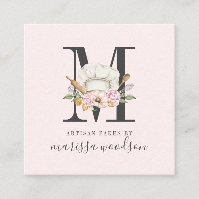 Baker Pastry Chef Bakers Verktyg Monogrammed Rosa  Fyrkantigt Visitkort (Framsida)