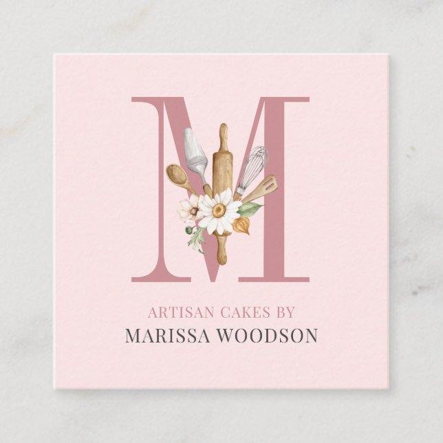 Baker Pastry Chef Bakers Verktyg Rosa Fyrkantigt Visitkort (Framsida)