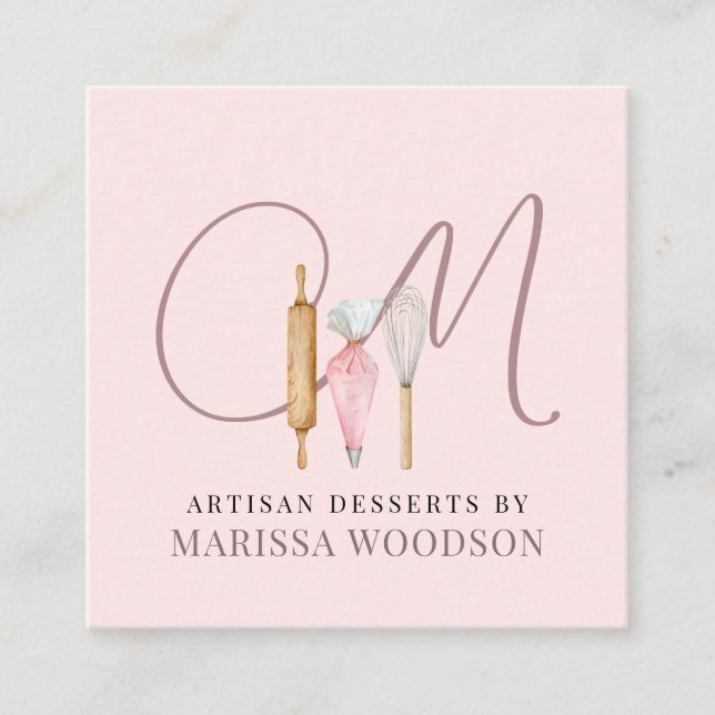 Baker Pastry Chef Rosa Bakers Verktyg Fyrkantigt Visitkort (Framsida)