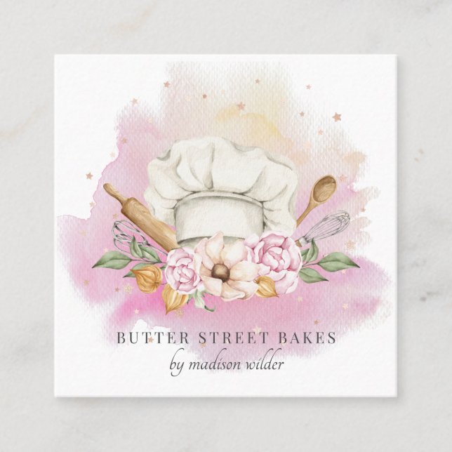 Baker Pastry Chef Watercolor Bakery Fyrkantigt Visitkort (Framsida)