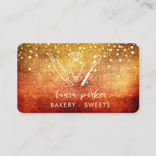 Bakerichf med Whisk Rolling Pin Piping Bag Guld Visitkort (Framsida)