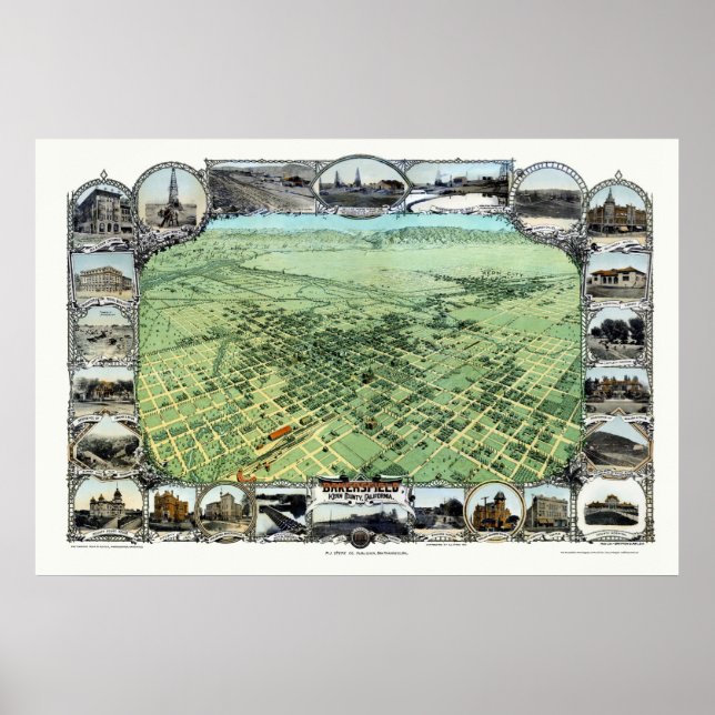 Bakersfield, CA Panoramic Karta - 1901 Poster (Framsidan)