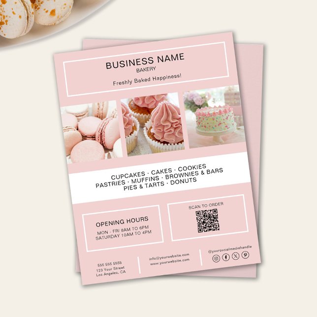 Bakery Anpassningsbar Foto QR Social Media Icons Reklamblad (Bakery Custom Photo QR Social Media Icons Flyer)