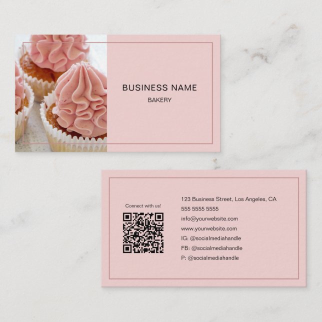 Bakery Anpassningsbar Photo QR-kod Minimal Rosa Visitkort (Fram/baksida)
