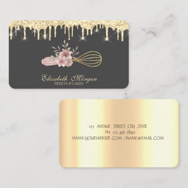 Bakery bageri handverktyg guld droppar rosor visitkort (Fram/baksida)