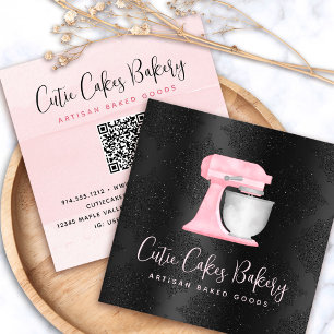 Bakery Blush Rosa Kök Mixer QR-kod på Svart Fyrkantigt Visitkort