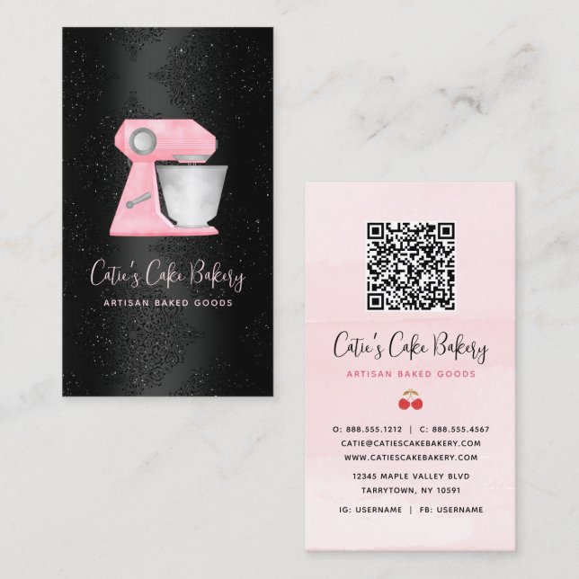 Bakery Blush Rosa Mixer QR-kod på Svart Damask Visitkort (Fram/baksida)
