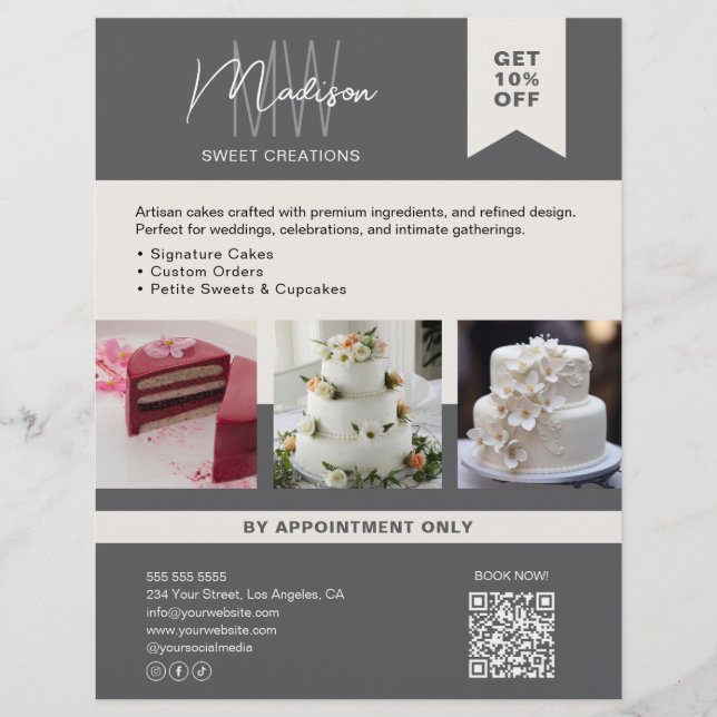 Bakery Cake Anpassad Monogram Logotyp Grå Flyer (Framsidan)