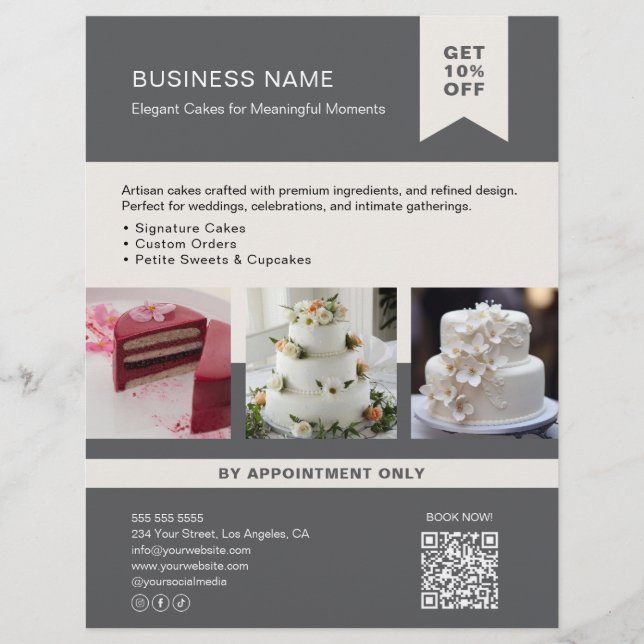 Bakery Cake Anpassningsbar Photo QR Grått Flyer (Framsidan)