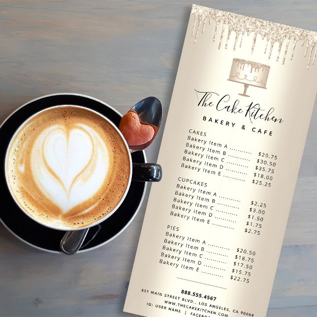 Bakery Cake Guld Glitter Pastry Chef Dessert Menu Reklamkort (Skapare uppladdad)