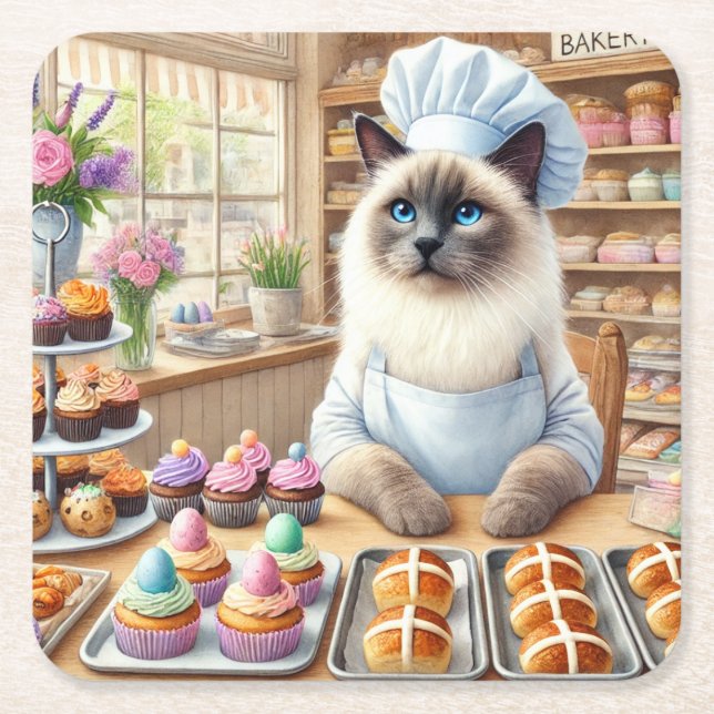 BAKERY Cat Lover som arbetar i Påsk Helgdag Underlägg Papper Kvadrat (Framsidan)