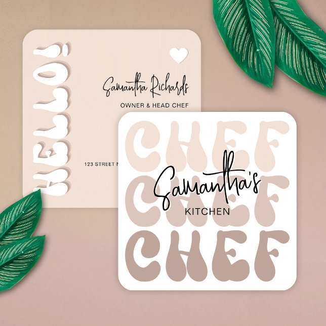 Bakery Chef Trendig Retro Beige Modern Catering Fyrkantigt Visitkort (Catering business cards in trendy retro style in pastel beige colors and groovy fonts)