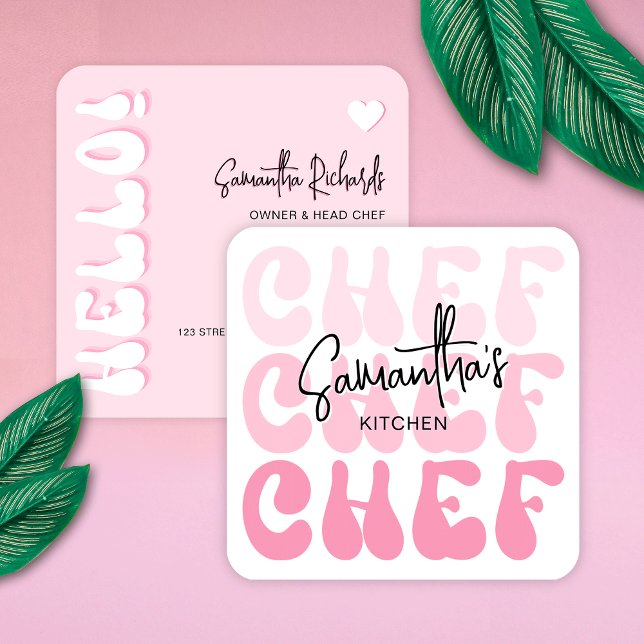Bakery Chef Trendig Retro Rosa Girly Catering Fyrkantigt Visitkort (Catering business cards in girly pink colors with retro fonts and trendy layout)