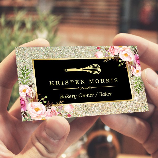 Bakery Chef Whisk Logotyp Blommigt Guld Glitter Visitkort (Skapare uppladdad)