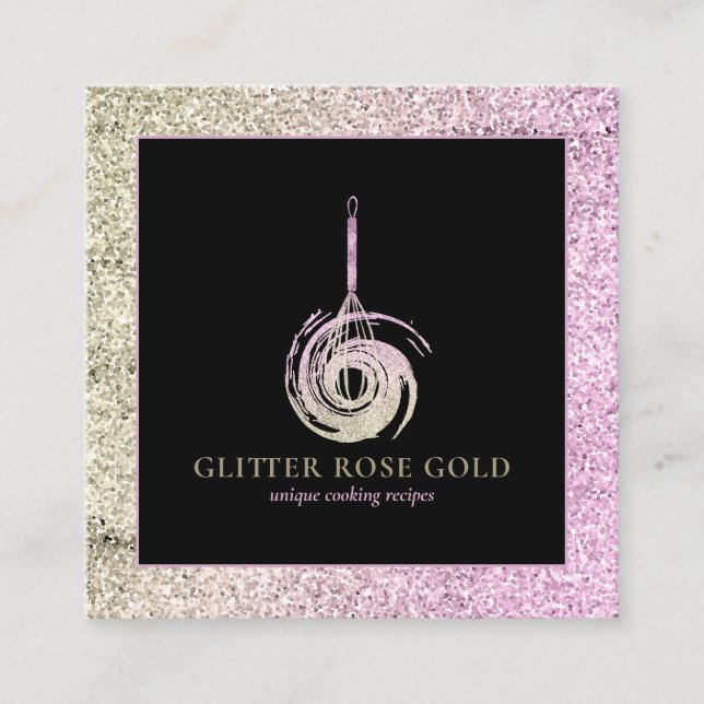 Bakery Chef Whisk Logotyp Ro Guld Glitter Fyrkantigt Visitkort (Framsida)