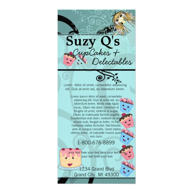 Bakery Cupcoa Aqua Blue Swirled Rack Card Reklamkort (Framsidan)