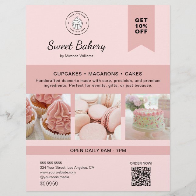 Bakery Custom Logo Photo QR Code Pink Flyer (Framsidan)