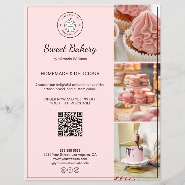 Bakery Custom Logo Photo QR Code Pink Flyer (Framsidan)