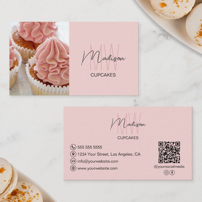 Bakery Foto QR Rosa Logotyp Visitkort (Monogram Logo Bakery Photo QR Pink Business Card)