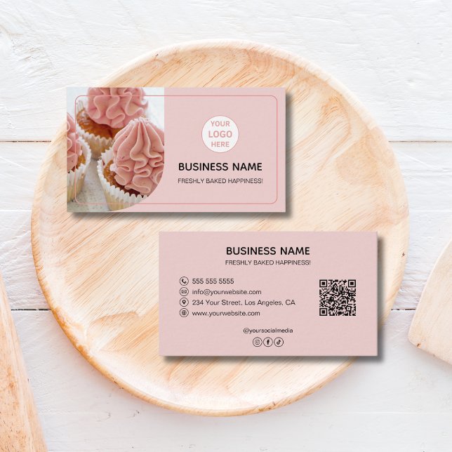 Bakery Konditor Anpassad Logo Foto QR Rosa Visitkort (Bakery Pastry Chef Custom Logo Photo QR Pink Business Card)