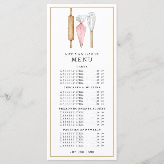 Bakery Konditor Vattenfärg Bakredskap Meny (Framsida)