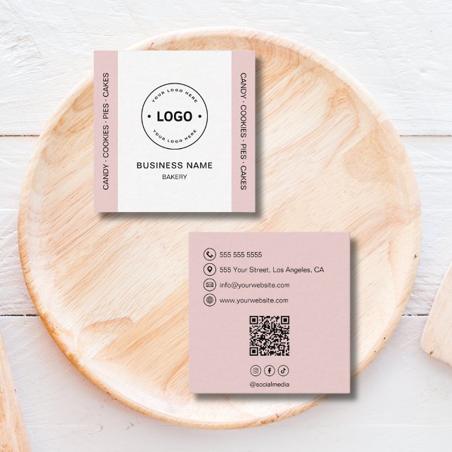 Bakery Logo QR Code Social Media Blush Pink Fyrkantigt Visitkort (Bakery Logo QR Code Social Media Blush Pink Square Business Card)