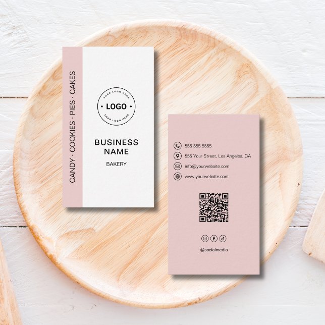 Bakery Logo QR Code Social Media Pink Visitkort (Bakery Logo QR Code Social Media Pink Business Card)