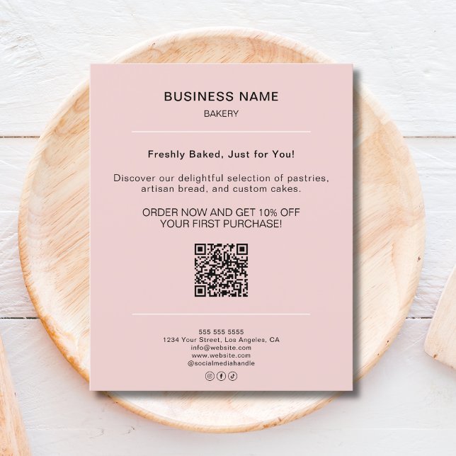 Bakery Minimalist Kampanj Rabatt QR-kod Rosa Flygblad (Bakery Minimalist Promotion Discount QR Code Pink Flyer)