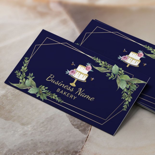 Bakery Pastry Chef Botanical Sweet Cake Navy Visitkort (Skapare uppladdad)