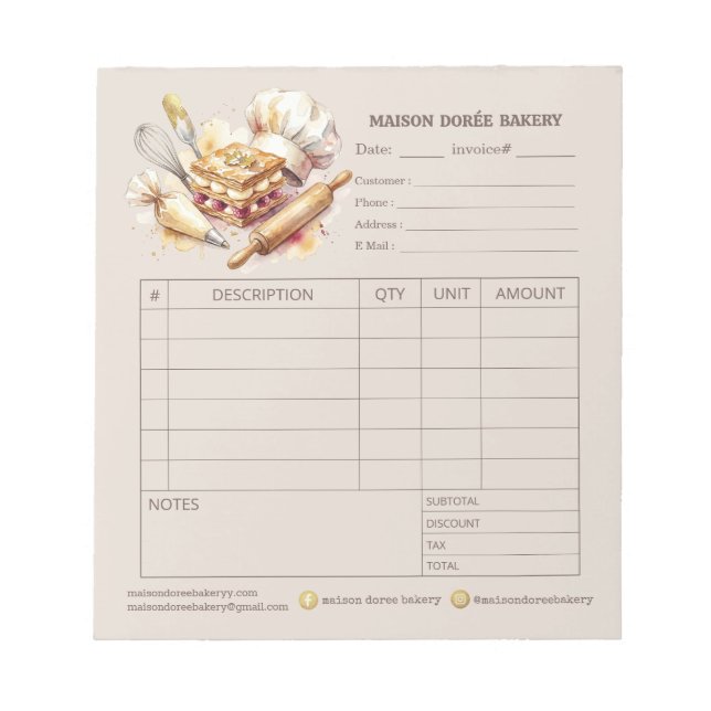 Bakery Pastry Chef Invoice Sale Order Form Receipt Anteckningsblock (Framsida)
