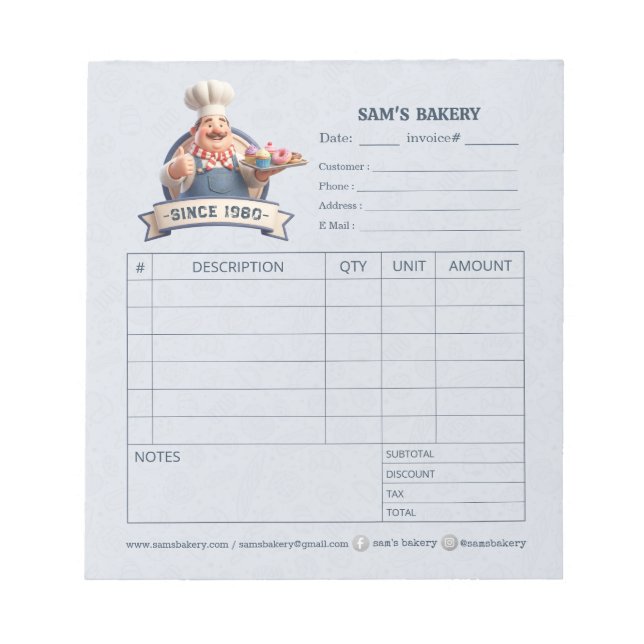Bakery Pastry Chef Invoice Sale Order Form Receipt Anteckningsblock (Framsida)