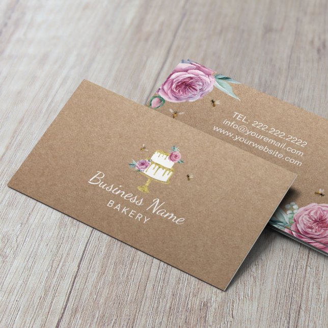 Bakery Pastry Chef Rustic Flower & Bees Cake Kraft Visitkort (Skapare uppladdad)